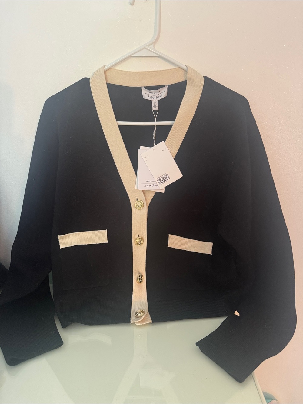 &other stories NWT black and cream cardigan with gold buttons